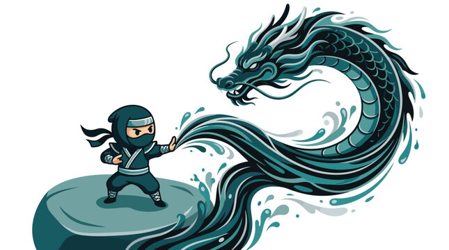 Flat vector illustration featuring a small ninja character in a martial arts pose on a rock, summoning a large teal water dragon from fluid energy splashes on a white background.