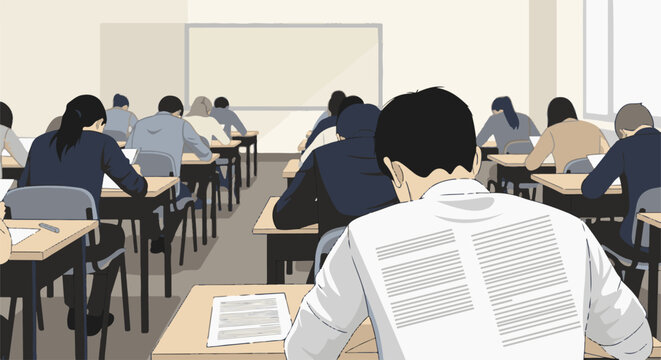 Students concentrating on exams in a bright classroom with desks and chairs arranged in rows