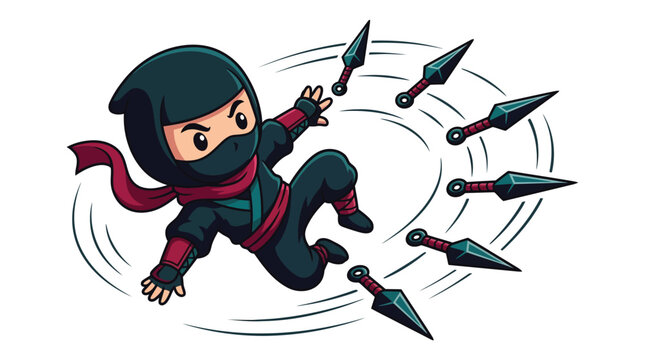 Flat vector illustration of a cute chibi ninja character in a dynamic action pose throwing multiple kunai knives in a circular motion, featuring a red scarf on a white background.