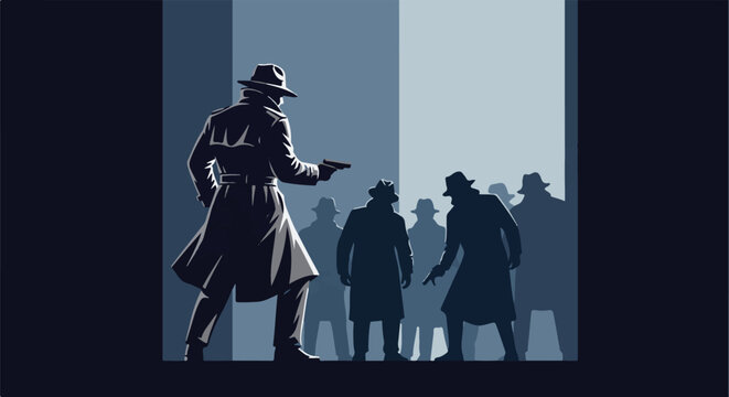 Figures in trench coats and fedoras stand silhouetted against a dramatic, stark lighting