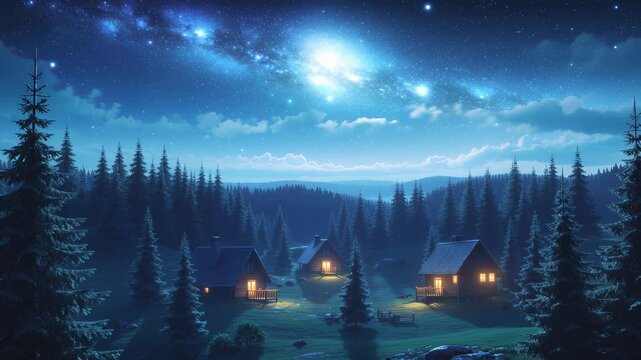 Peaceful wooden cabins in pine forest under starry night sky. Seamless looping 4k video background