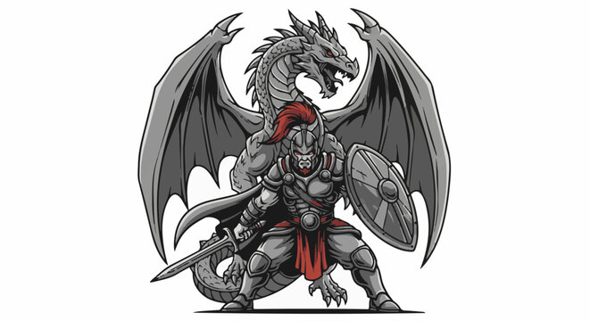 Fierce knight in armor with sword and shield, standing before a menacing dragon
