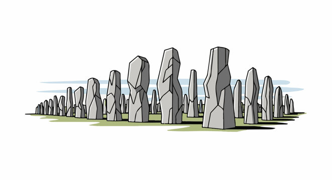 An illustration of a prehistoric stone circle with tall, irregular standing stones