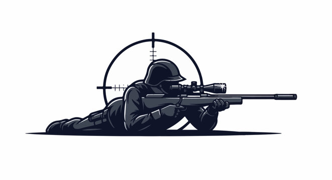 A person in dark tactical gear lies prone, aiming a sniper rifle through a crosshair scope