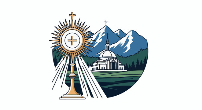 Religious artifact shines over a domed church amidst a serene mountain landscape