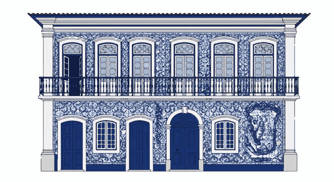 Traditional blue and white tiled facade with a balcony and arched entryway