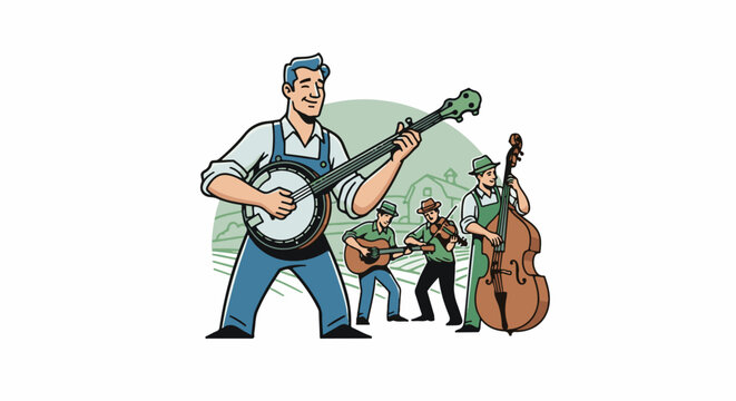 A cartoon style illustration of a four-person bluegrass band performing outdoors