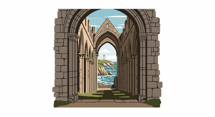 Fototapeta premium View through ancient stone arches to a coastal scene with a lighthouse and the sea