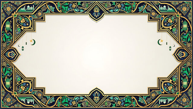Islamic Geometric Pattern Frame with Lanterns and Mosque Silhouettes