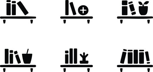 Collection of six distinct minimalist icons representing bookshelves with books and decorative items © Kahima