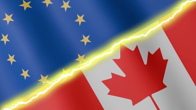 Two waving flags European Union and Canada with diagonal lightning seamless, 4k loop