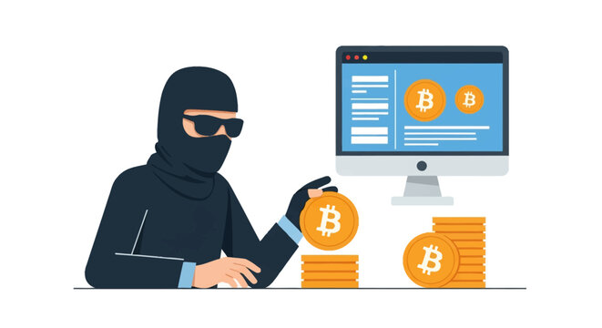Cybercriminal in a black ski mask and sunglasses handling stacks of gold bitcoin cryptocurrency coins with a computer monitor showing digital wallet data in a flat vector style.