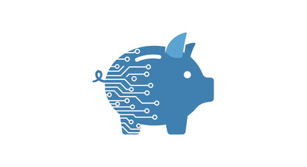 Blue piggy bank with circuit board. © Sipa