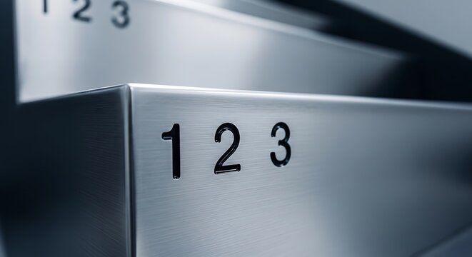 A close-up view of metallic stairs labeled with numbers 1 2 3 representing 123 steps in a modern architectural design for success or progression concept