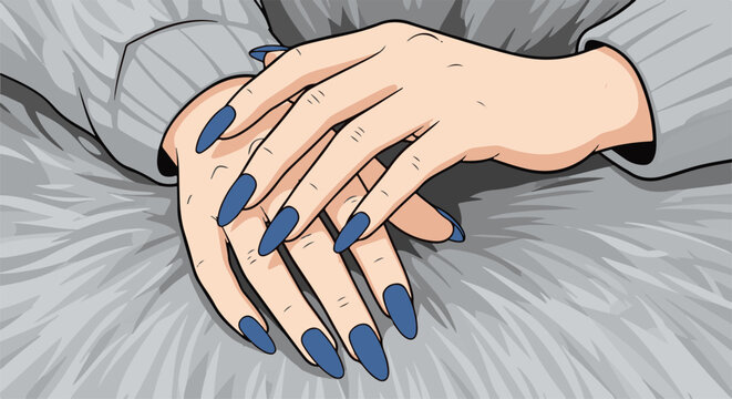 Close-up of hands with long, blue fingernails resting on a textured grey surface
