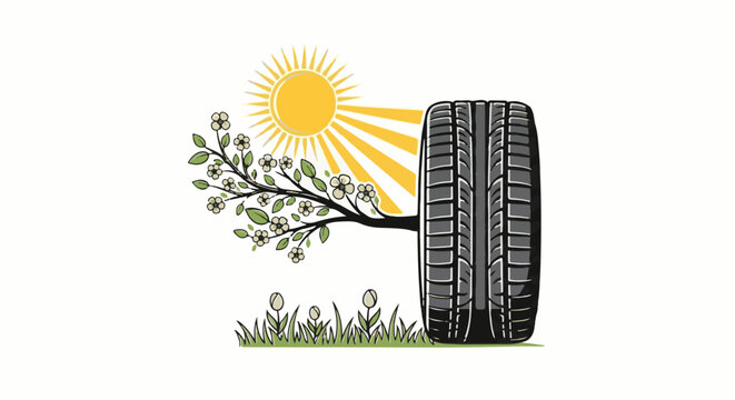 Blooming tree branch with flowers and grass under sun beside a tire