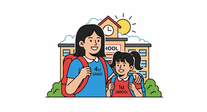 Two smiling girls with backpacks at school, one in 4th grade, the other in 1st grade