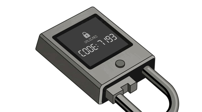 A digital combination lock with a keypad and code display on transparent background
