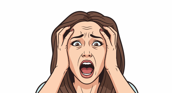 Woman in comic style, screaming with hands on head, conveying distress