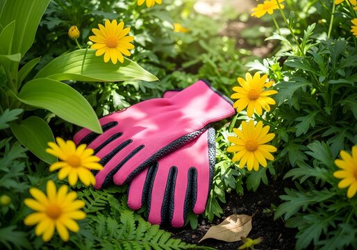 Vibrant pink garden gloves rest amidst a sunlit patch of yellow daisies and lush green foliage, signifying a moment of paused outdoor horticultural endeavor on a warm, pleasant day