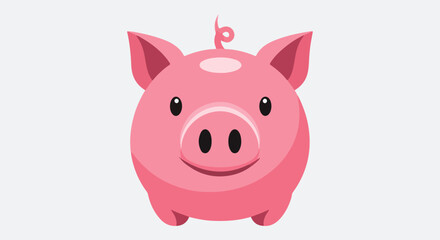 Fototapeta premium A smiling, plump, cartoon pink pig with large ears, a curly tail, and a white spot on its forehead