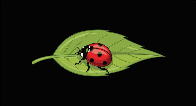A red ladybug with black spots rests on a vibrant green leaf against a black background