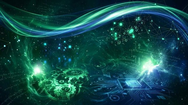Abstract digital art with green and blue nebulae, mathematical equations, network nodes, and glowing circuitry symbolizing innovation, data, and complex systems
