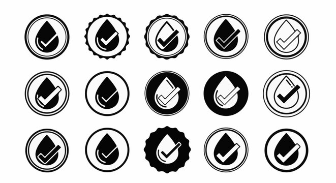 A grid of 15 identical circular icons, each featuring a water drop with a checkmark