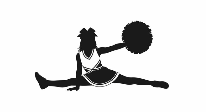 Silhouette of a cheerleader in a split pose with a pom-pom