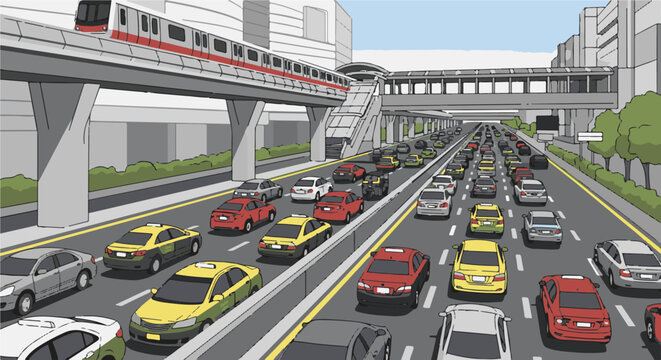 Congested highway with a train overhead