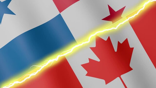 Two waving flags Panama and Canada with diagonal lightning seamless, 4k loop