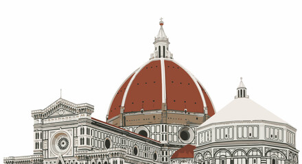 Fototapeta premium A prominent terracotta-tiled dome dominates the center of this architectural illustration