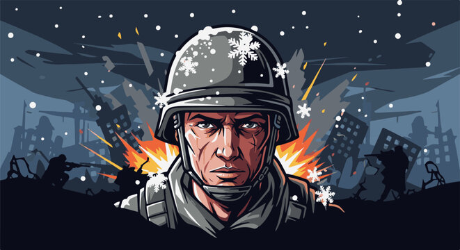 Soldier in war-torn city during winter, with explosions and falling snow