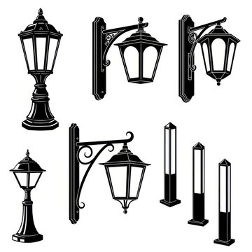 Set of outdoor lighting fixtures, street lamps and garden lanterns
