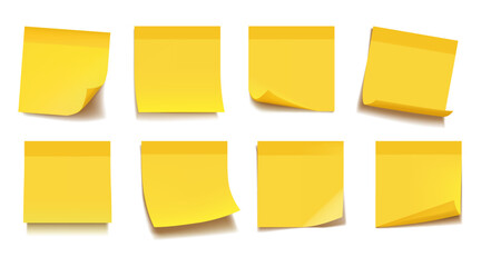 Yellow note list. Paper reminder pad, white checklist page or important color square board. Blank thumbtack. Realistic blank sticky memo with curled corners and shadows, vector icons set © SpicyTruffel