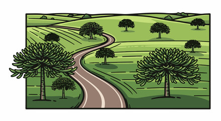 Fototapeta premium A winding road cuts through a lush green landscape with rolling hills and scattered trees