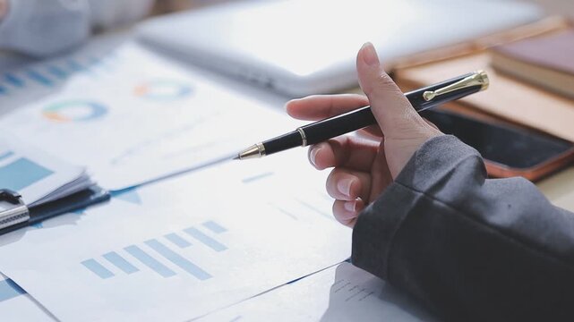 Two accountants examining financial documents using a calculator, taking notes, and discussing results, surrounded by documents and technology in a busy office environment. Audit and taxes in business
