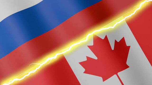 Two waving flags Russia and Canada with diagonal lightning seamless, 4k loop
