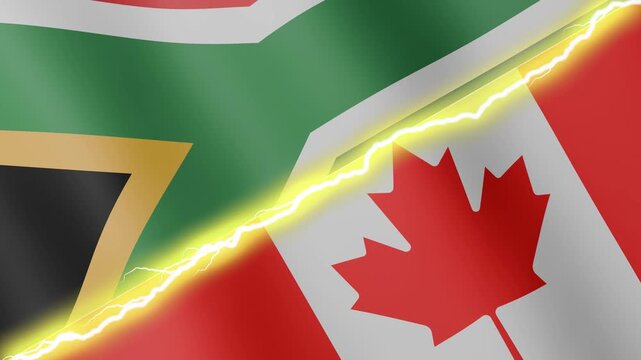 Two waving flags South Africa and Canada with diagonal lightning seamless, 4k loop