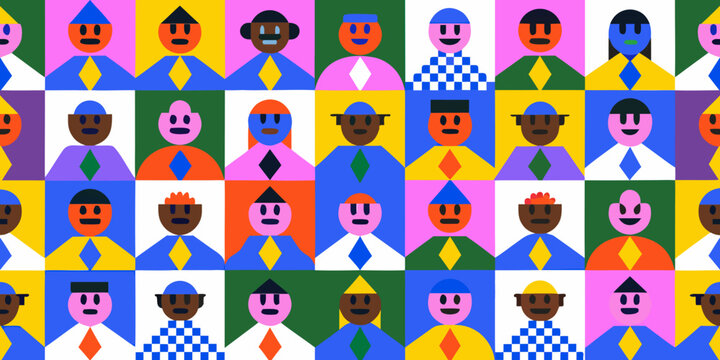 Colorful Vector Illustration Of Diverse Faces In A Repeating Grid Pattern abstract people