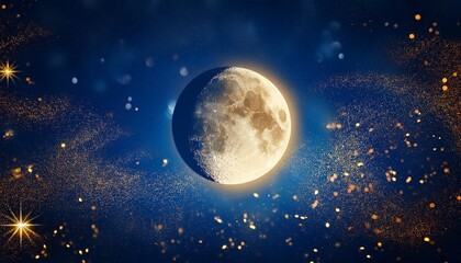 Naklejka premium Glowing Crescent Moon Sparkle Against Deep Blue Starry Night Sky With Scattered Golden Particles Reflecting On Dark Surface