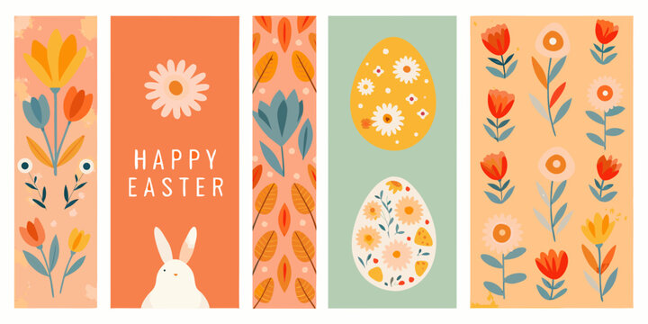 set of four vertical easter greeting cards with floral and bunny designs