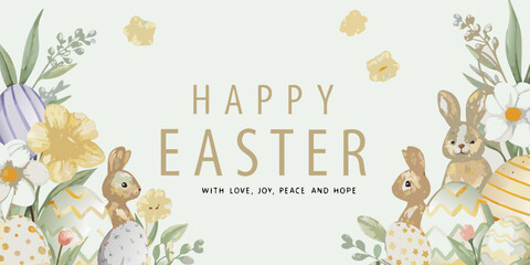 happy easter greeting card with watercolor flowers and bunnies eggs spring holiday © RanjanKumar