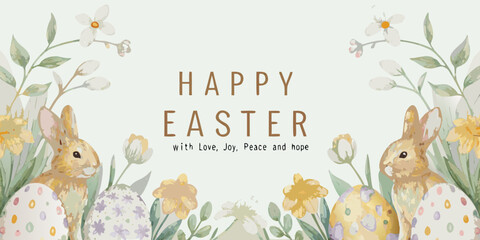 happy easter greeting with watercolor bunnies and flowers card spring holiday celebration © RanjanKumar