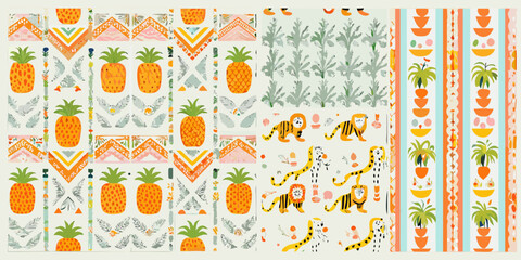 tropical patterns with pineapples and cheetahs vector illustration art inspired folk design © RanjanKumar