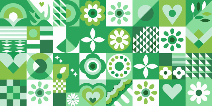 complex geometric patchwork pattern in various green shades shapes design abstract art