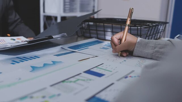 Two accountants examining financial documents using a calculator, taking notes, and discussing results, surrounded by documents and technology in a busy office environment. Audit and taxes in business