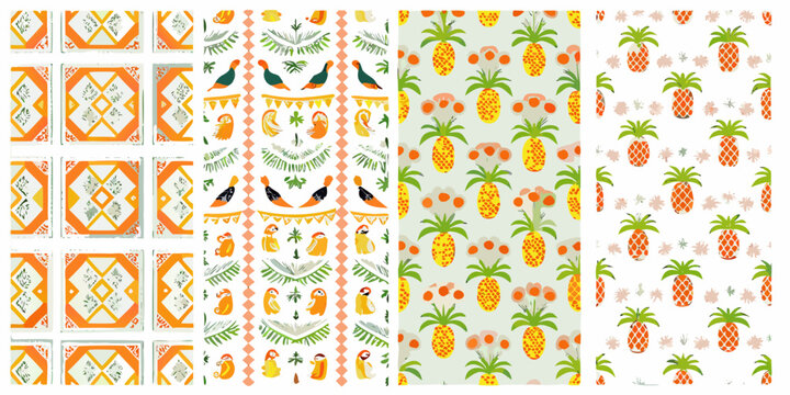 tropical pineapple and parrot patterns in colorful vector pattern art folk design