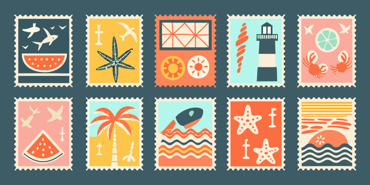 grid of vintage style summer travel postage stamps layout watermelon slice palm