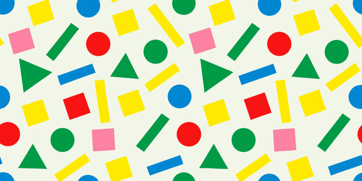memphis style geometric shapes pattern on white background triangle circle square rectangle